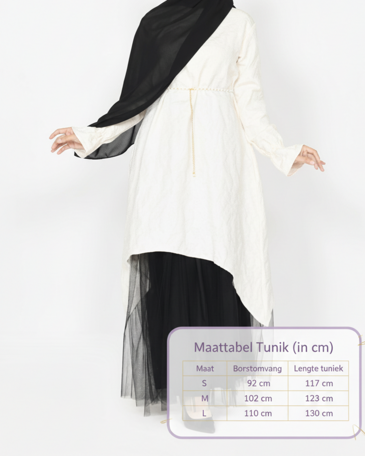 Product photo with size chart overlay