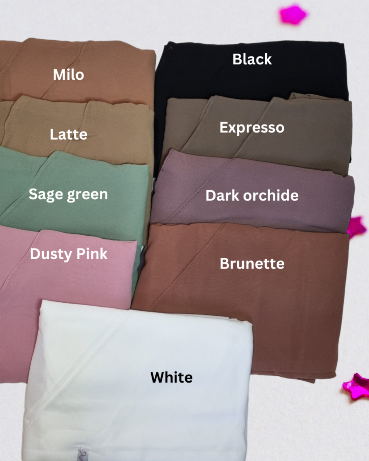 Kleurenkaart van Aliyah-khimars: Milo, Black, Latte, Expresso, Sage green, Dark orchide, Dusty Pink, Brunette en White.