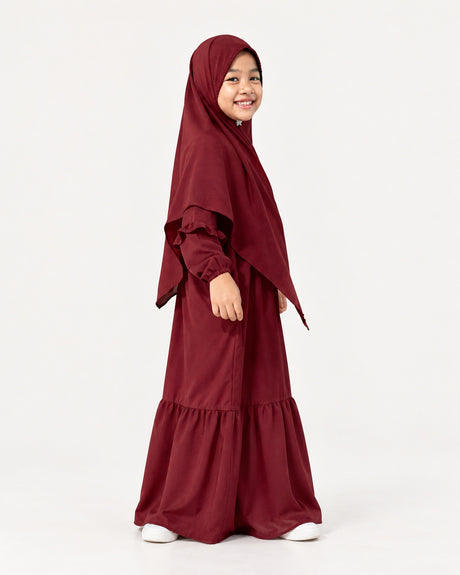 Abaya Saskia voor meisjes in maroon – vooraanzicht, Hijabheela