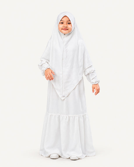 Abaya Saskia voor meisjes in white – vooraanzicht, Hijabheela