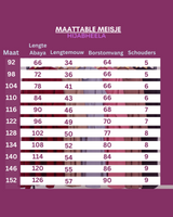 Abaya Semi voor meisjes – maattabel – Hijab Heela