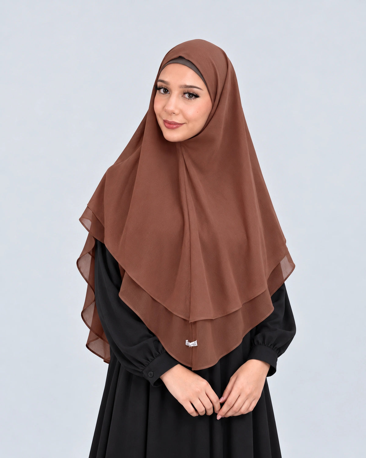 Khimar Dames Gaya brown - damesmodel, twee lagen, studiofoto
