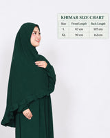 Emerald khimar with compact size chart: L front length 82 cm, back length 102 cm; XL front length 90 cm, back length 112 cm.