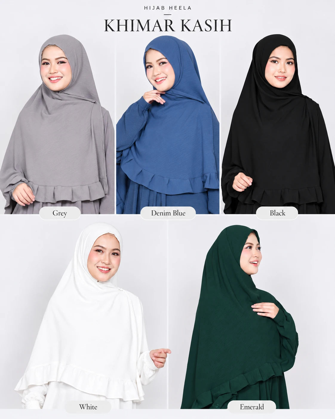 Khimar Kasih van Hijab Heela in vijf kleuren: Grey, Denim Blue, Black, White en Emerald.