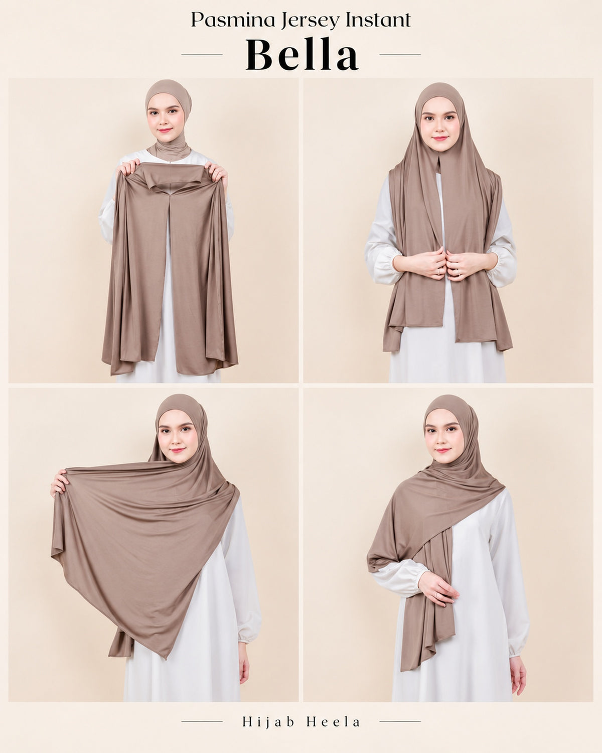 Pasmina Instant Bella Jersey in de kleur Mocca – vier draagwijzen, Hijab Heela